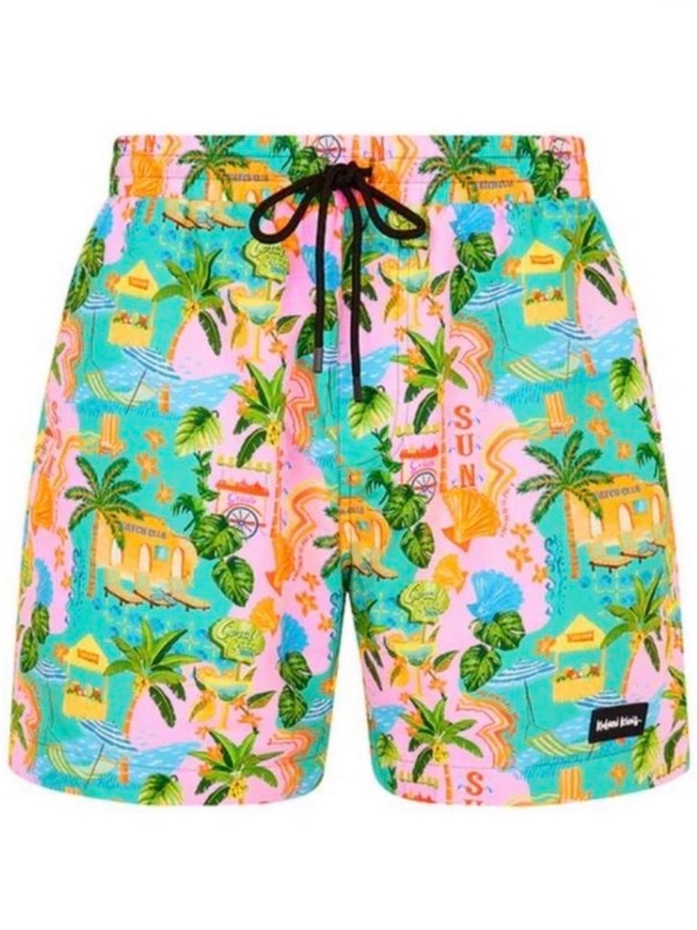 Kulani Kinis Tropical Palm Print Swim Trunks - Pink, Aqua, Yellow, Green